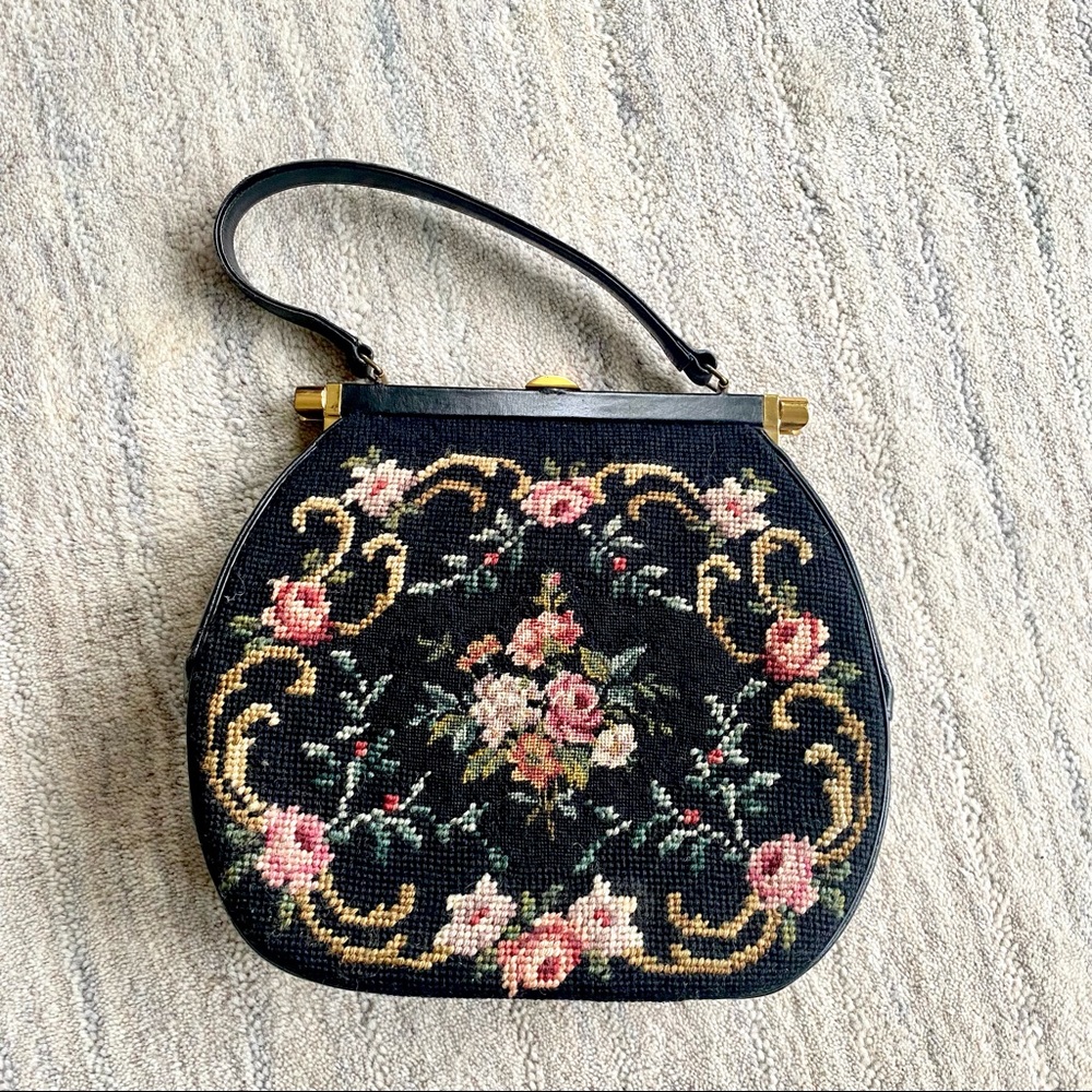 Vintage Floral Needlepoint Roses Satchel